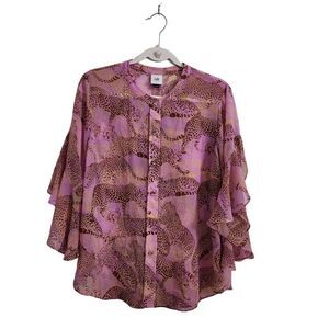 CAbi Blouse Large Minx Leopard Lilac Animal Print‎ Flutter Sleeve Sheer Top